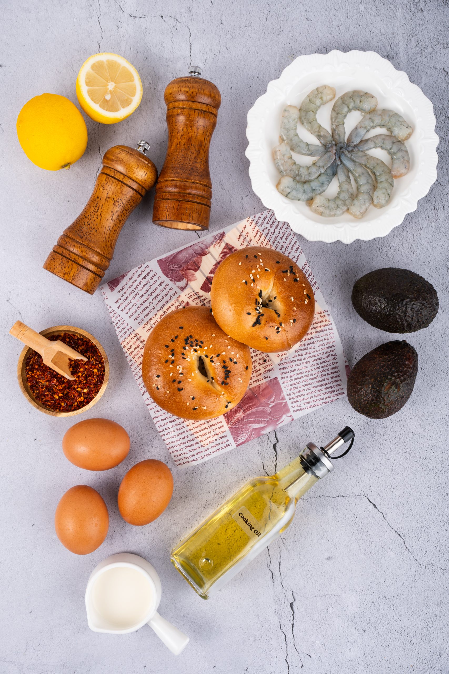 Ingredient for Shrimp Avocado Bagel Sandwich