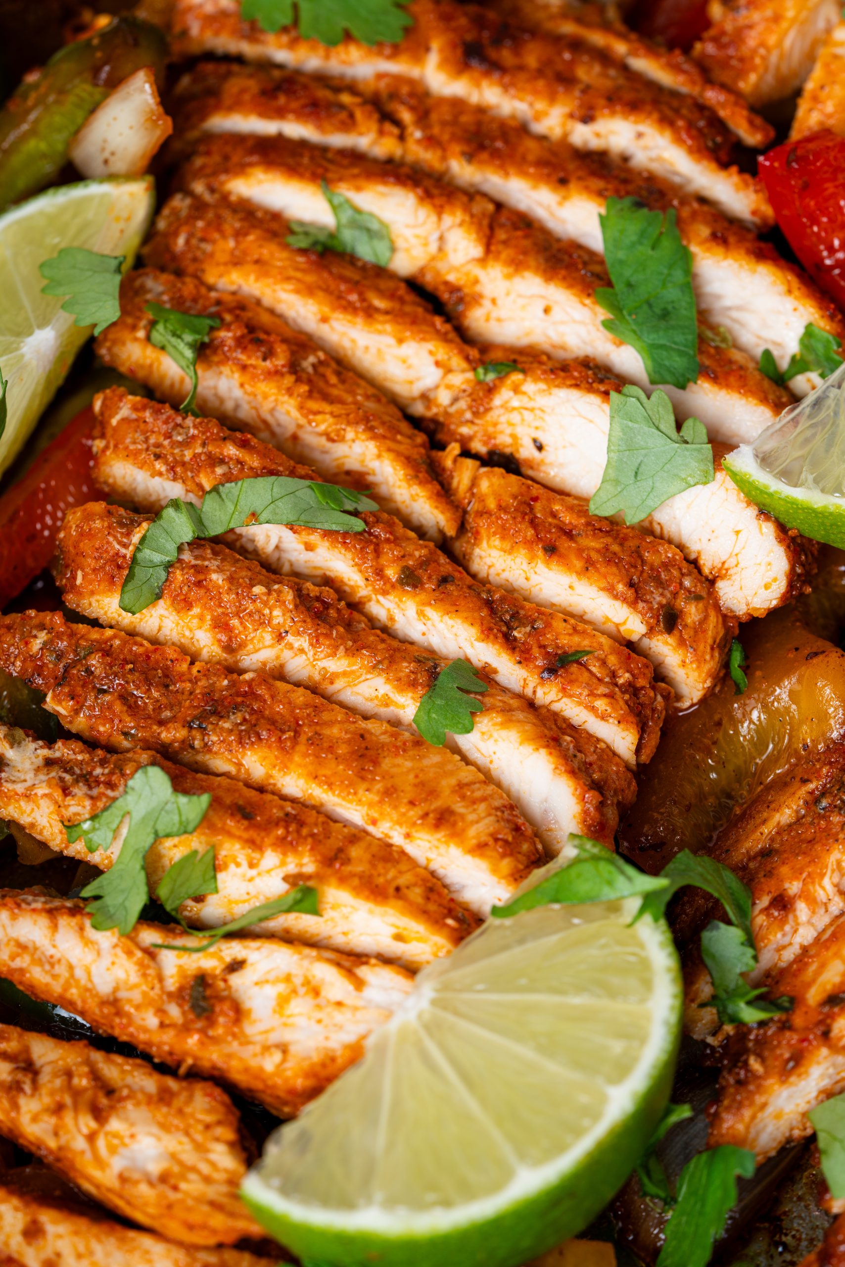 Extreme close-up of seasoned chicken strips highlighting their texture and spices, with cilantro leaves and lime wedges nestled among peppers and onions.