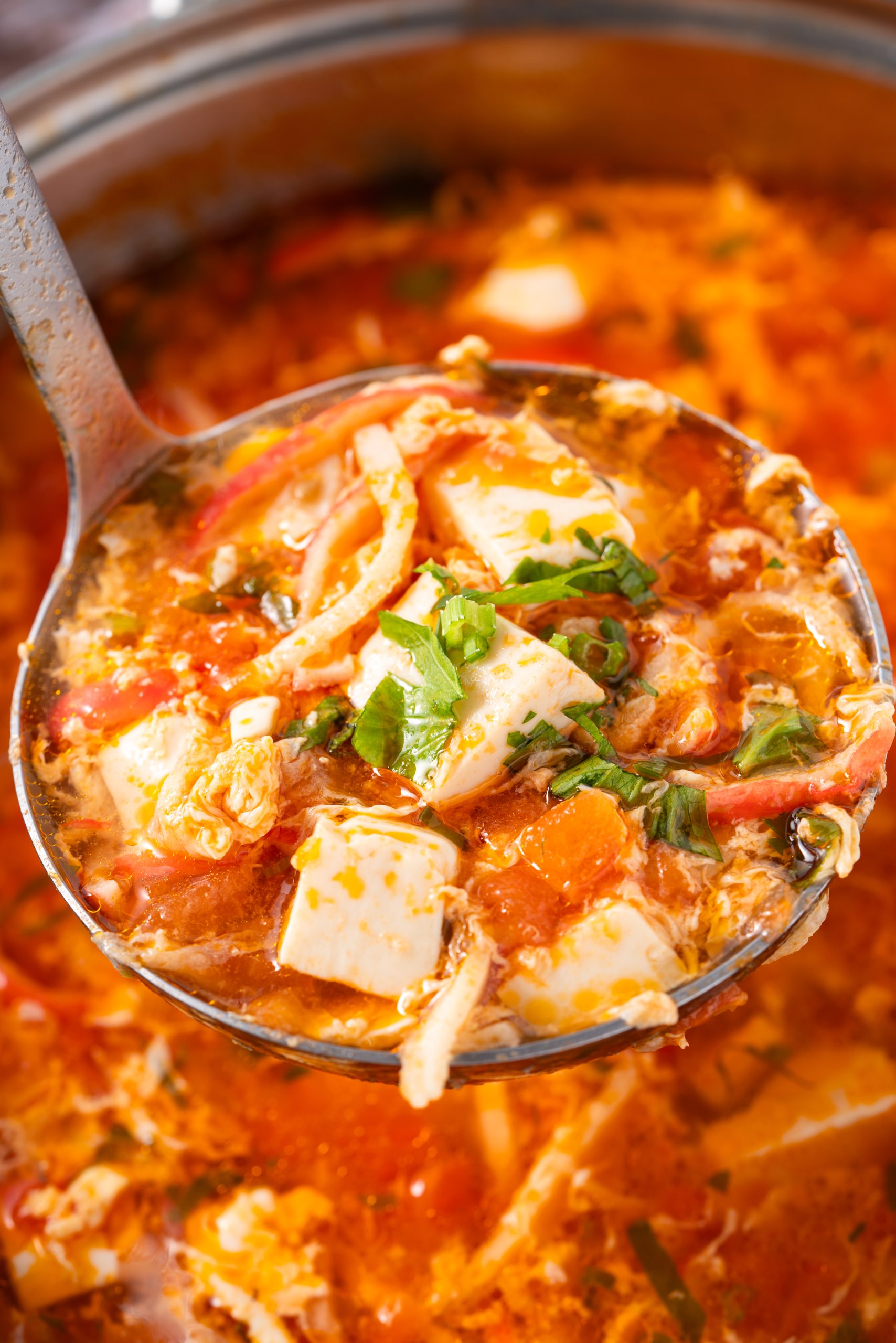 A close-up of Tomato Egg Drop Soup served in a white ribbed bowl, filled with silky egg ribbons, tofu cubes, and tomato chunks, topped with chopped  cilantro