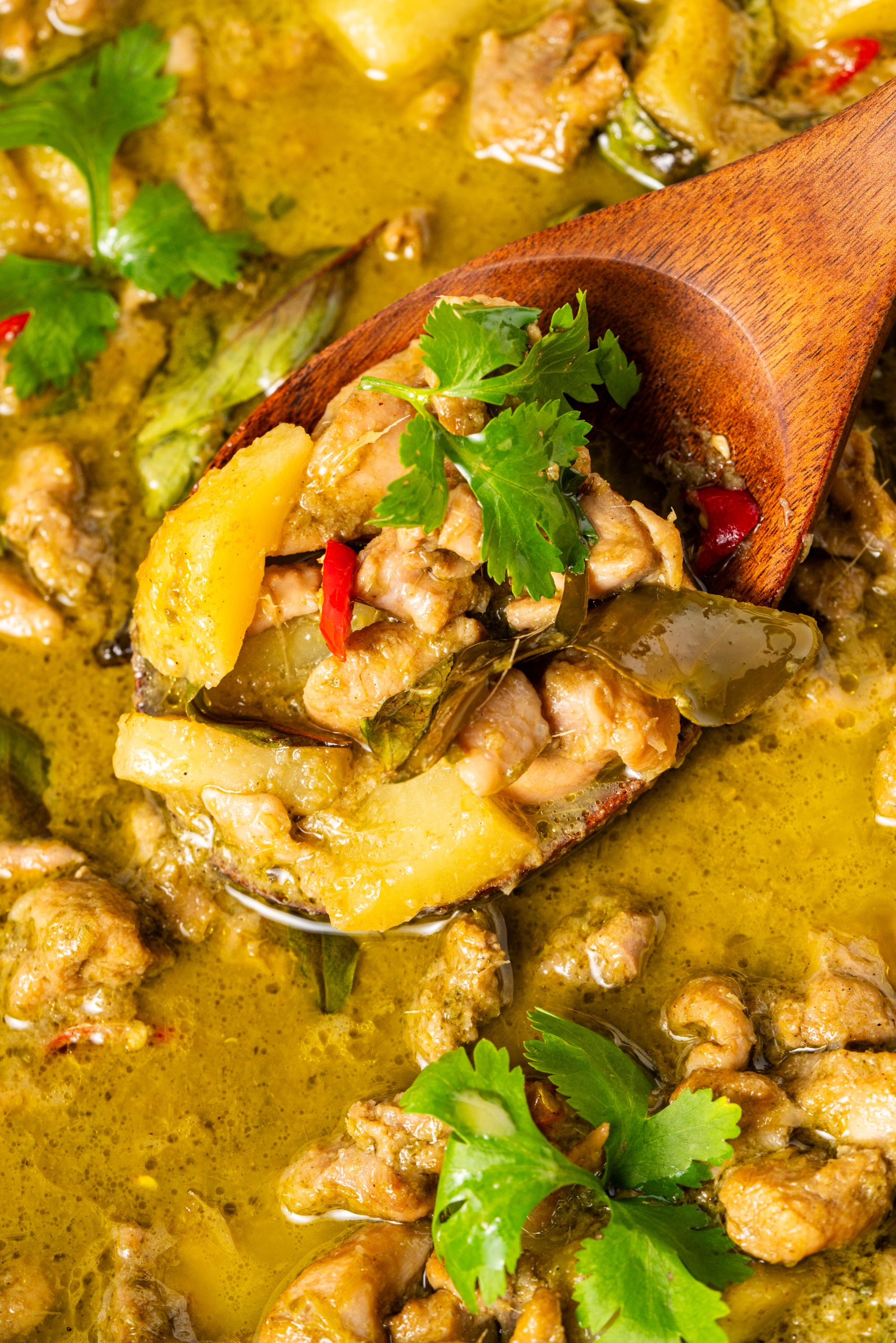 Close-up of Thai green curry with tender chicken pieces, potatoes, basil leaves, and red chili slices in rich green coconut milk in  a ladle
