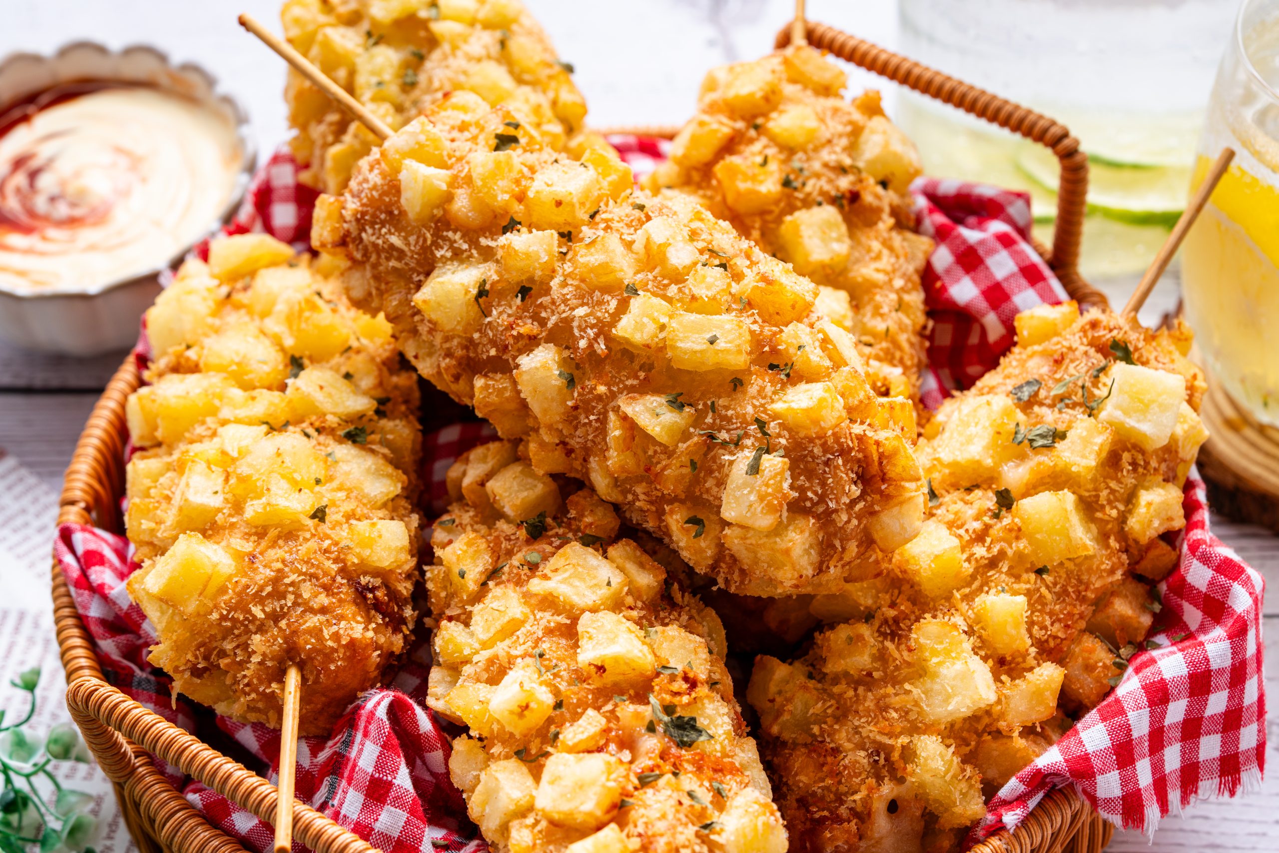 Korean corn dog coated in crispy potato cubes, arranged in a basket with red gingham cloth and dipping sauce on a rustic table.