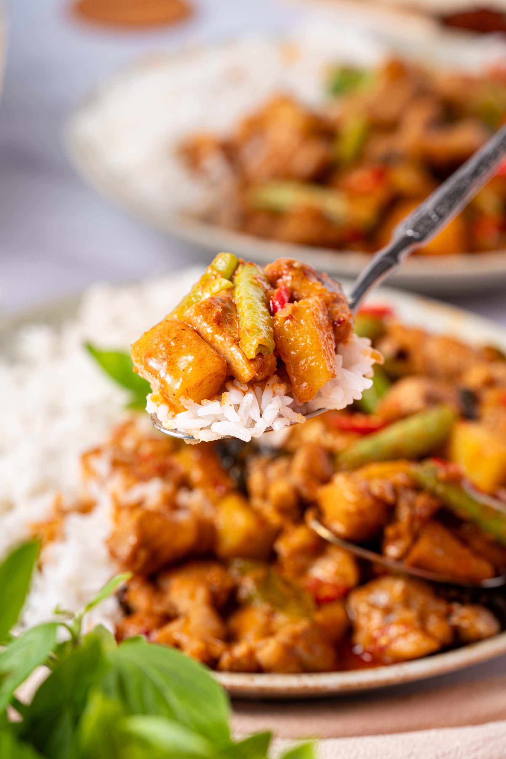 Spoonful of chicken Panang curry over jasmine rice, featuring creamy coconut curry, juicy chicken, long beans, and red chili slices.
